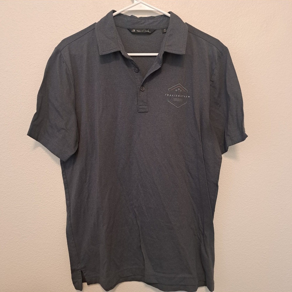 TravisMathew Mens Medium Gray Heather Short Sleeve Golf Polo Shirt Palm Graphic